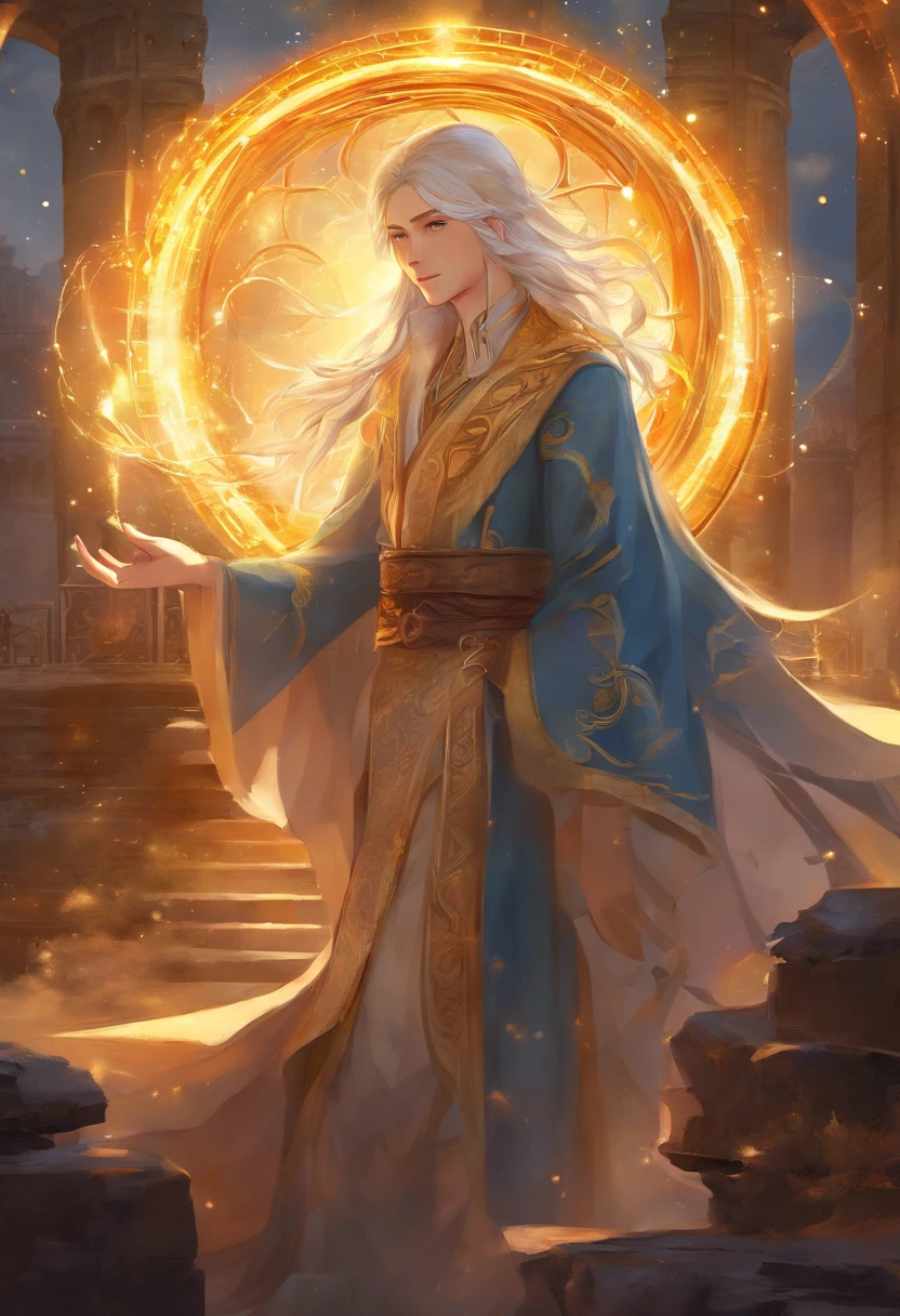 animesque、illustratio、cartoon、Back view of a boy unfolding a magic circle、Six-pointed Star Magic Circle、Hands and fingers in full shape、rune、Golden eyes、A dark-haired、Black robes fluttering in the wind、Vibrant poses、Light Effects、Fantasy old townscape、Ultra-high definition illustrations