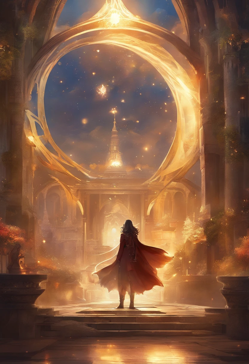 animesque、illustratio、cartoon、Back view of a boy unfolding a magic circle、Six-pointed Star Magic Circle、Hands and fingers in full shape、rune、Golden eyes、A dark-haired、Black robes fluttering in the wind、Vibrant poses、Light Effects、Fantasy old townscape、Ultra-high definition illustrations