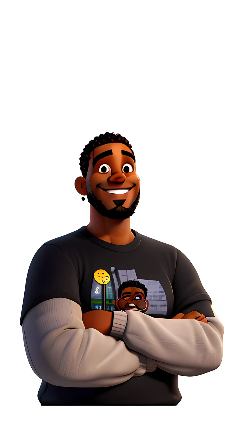 Fazer uma foto de um professor negro , meio gordo, with medium beard , medium and curly hair and smiling. Olhos escuros , um brinco em cada orelha de argola. Place in the background a blackboard with mathematical formulas and a coffee mug on the table