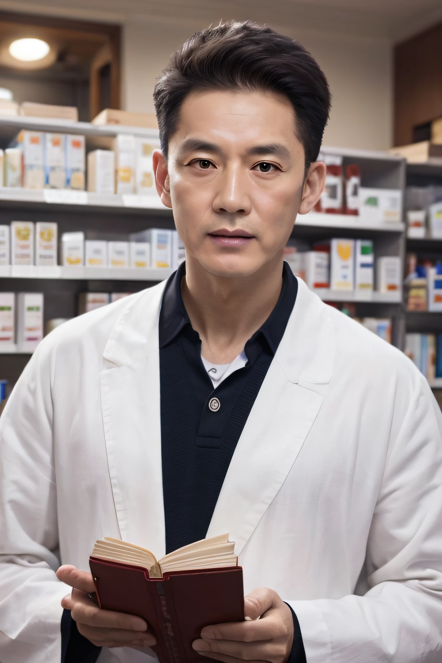 Chinese image,Real frontal photos,Authentic background,hospital background,holding books,Manteau blanc,Face full of wrinkles,TCM image,Wise eyes,old male people, arafed male doctor in a white coat and tie standing in a hospital