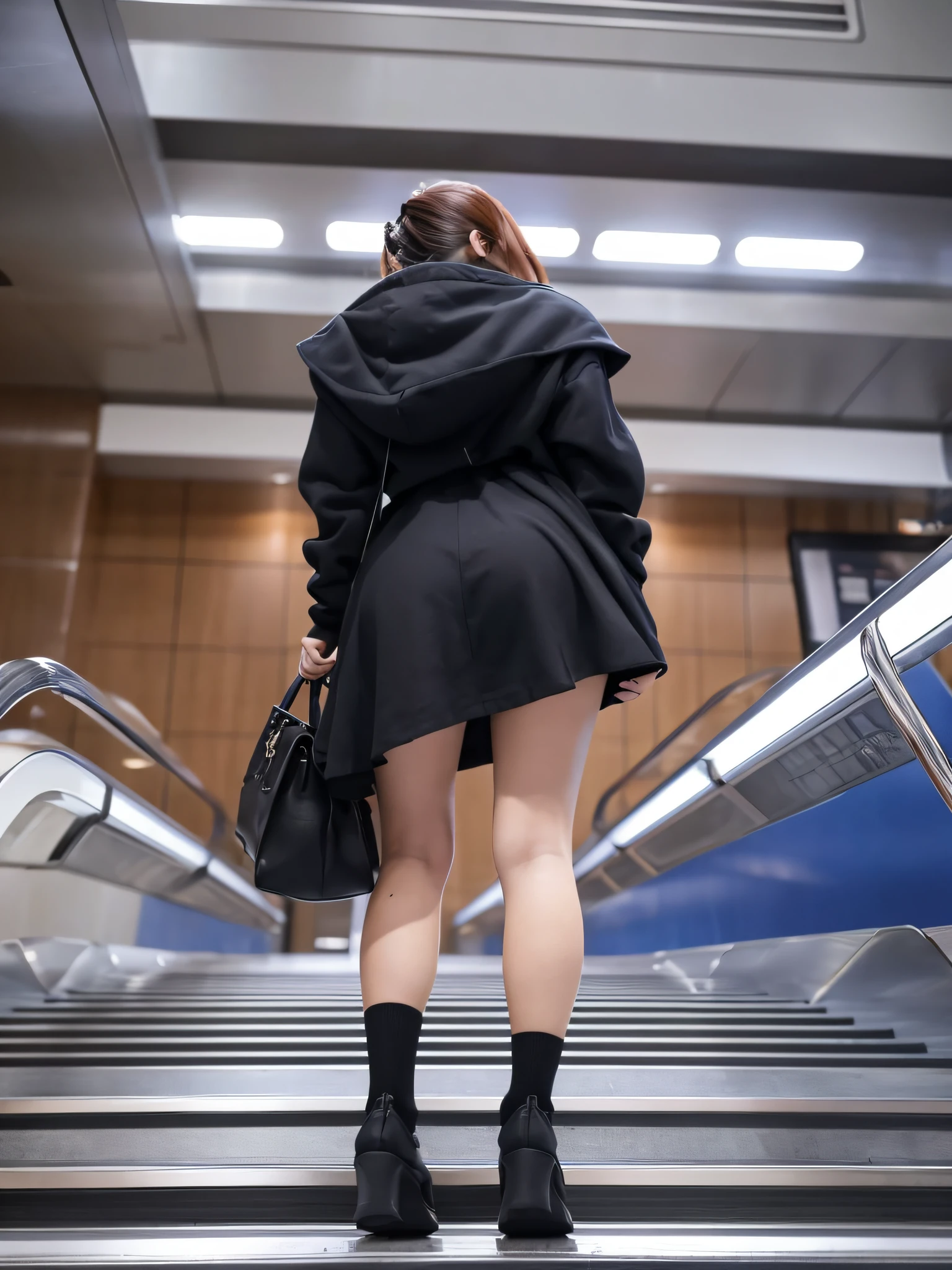 Uphill on the escalator skirt、short coat、Lower body close-up、looks from behind、The camera angle is very low、Slouched、Slouched、Protruding buttocks