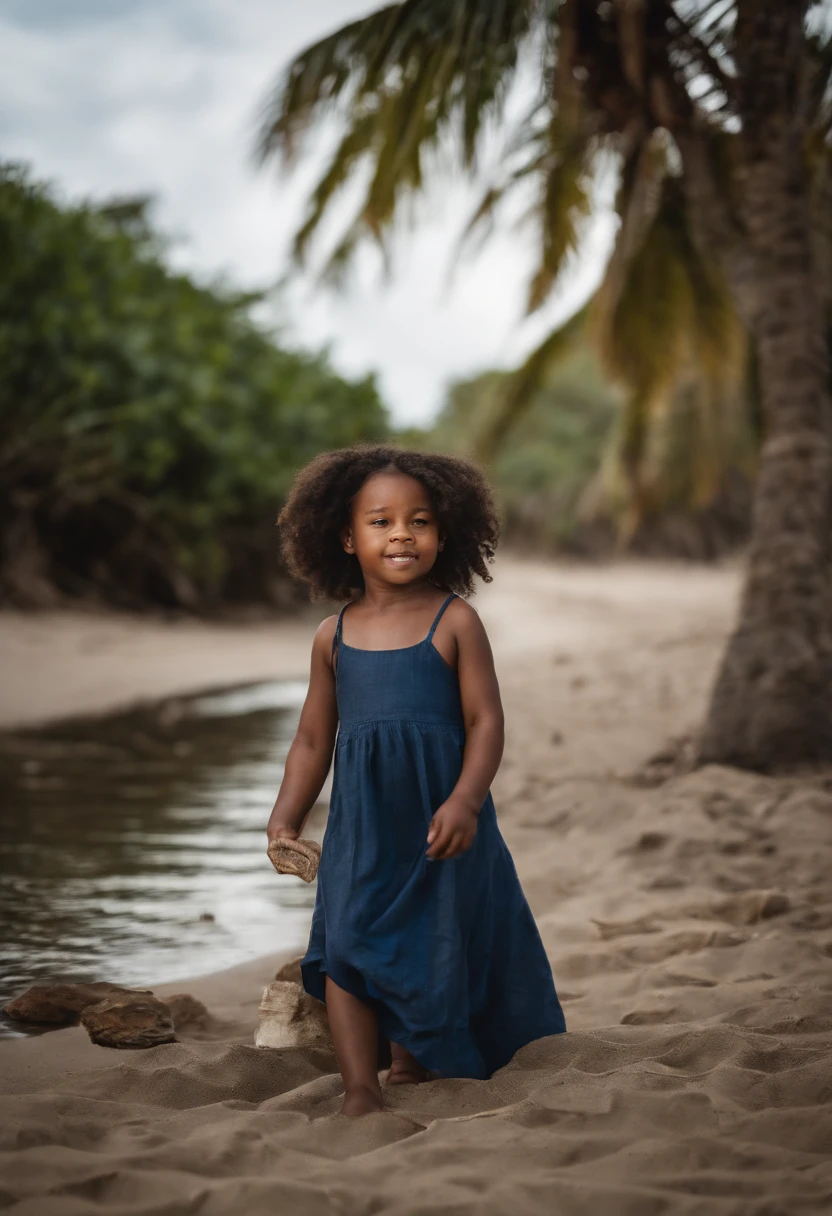 Realistic photo, ultra details, natural light ultra detailed portrait ((1)) Adorable black female child incredibly charming, attack smile, cheerful smile, playing on the beach sand, sea in the background, water in the background, playing, photo taken full body. The illustration is in high definition in 8K resolution, with ultra detailed facial features