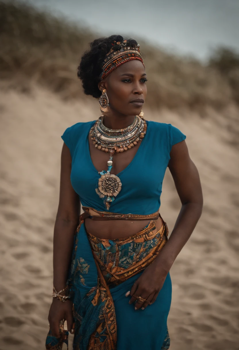 jovem africana com vestilo azul longa,na praia coberta com conchas,usando um colar de conchas e nas maos um belo espelho