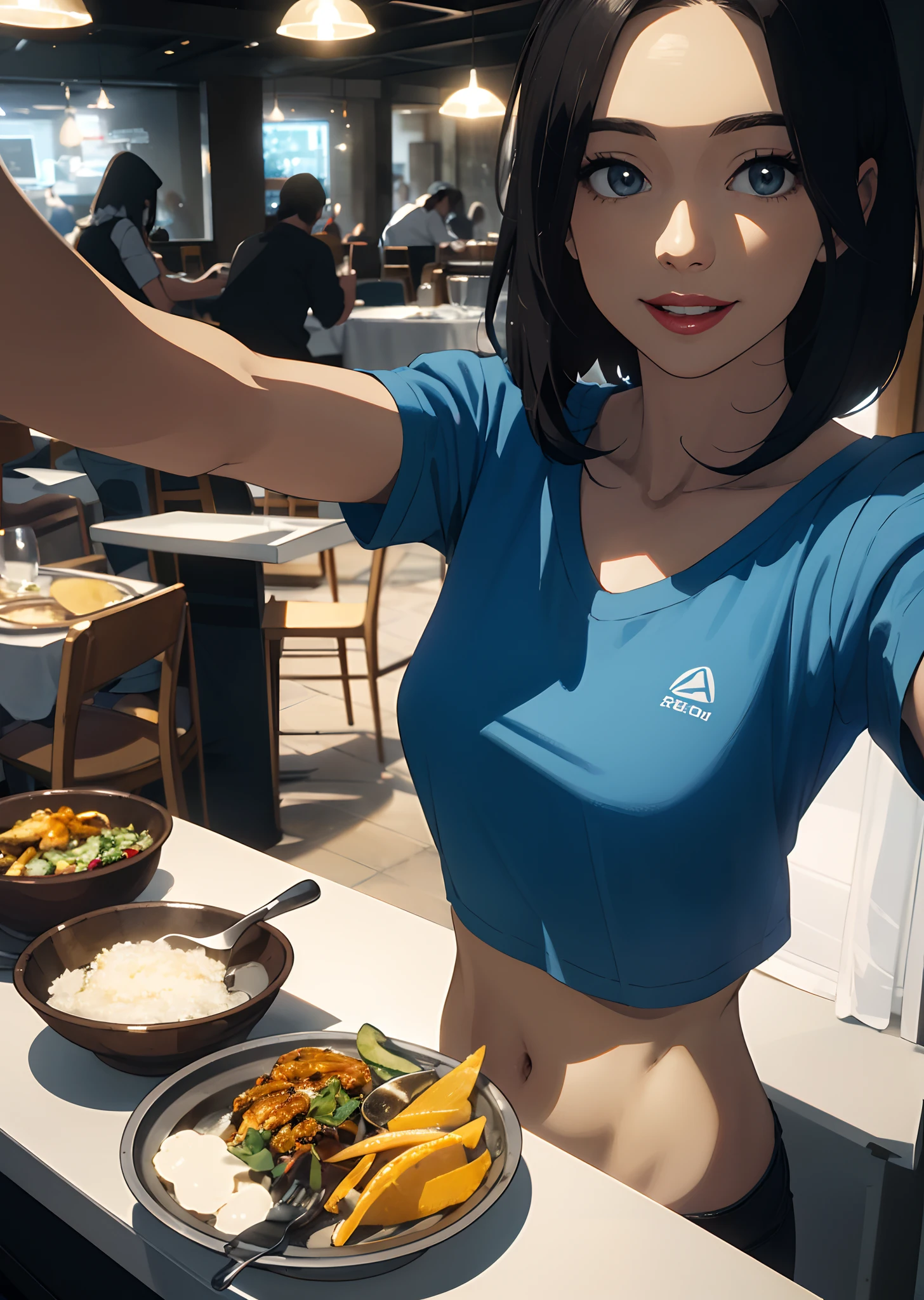 mulher ((selfie da parte superior do corpo, sorrindo)), obra-prima, melhor qualidade, ultradetalhada, restaurante, (noirte), natureza, alegre, olhando para a lua, feliz, mochila, camisa azul claro de manga fechada, sombras, contraste, clear sky, estilo , (matiz quente, tom quente: 1,2), close-up, cinematiclight, side-lighting, Ultra high resolution, melhor sombra, RAW, parte rosto do corpo, olhar serio, seios normal, 4k,
