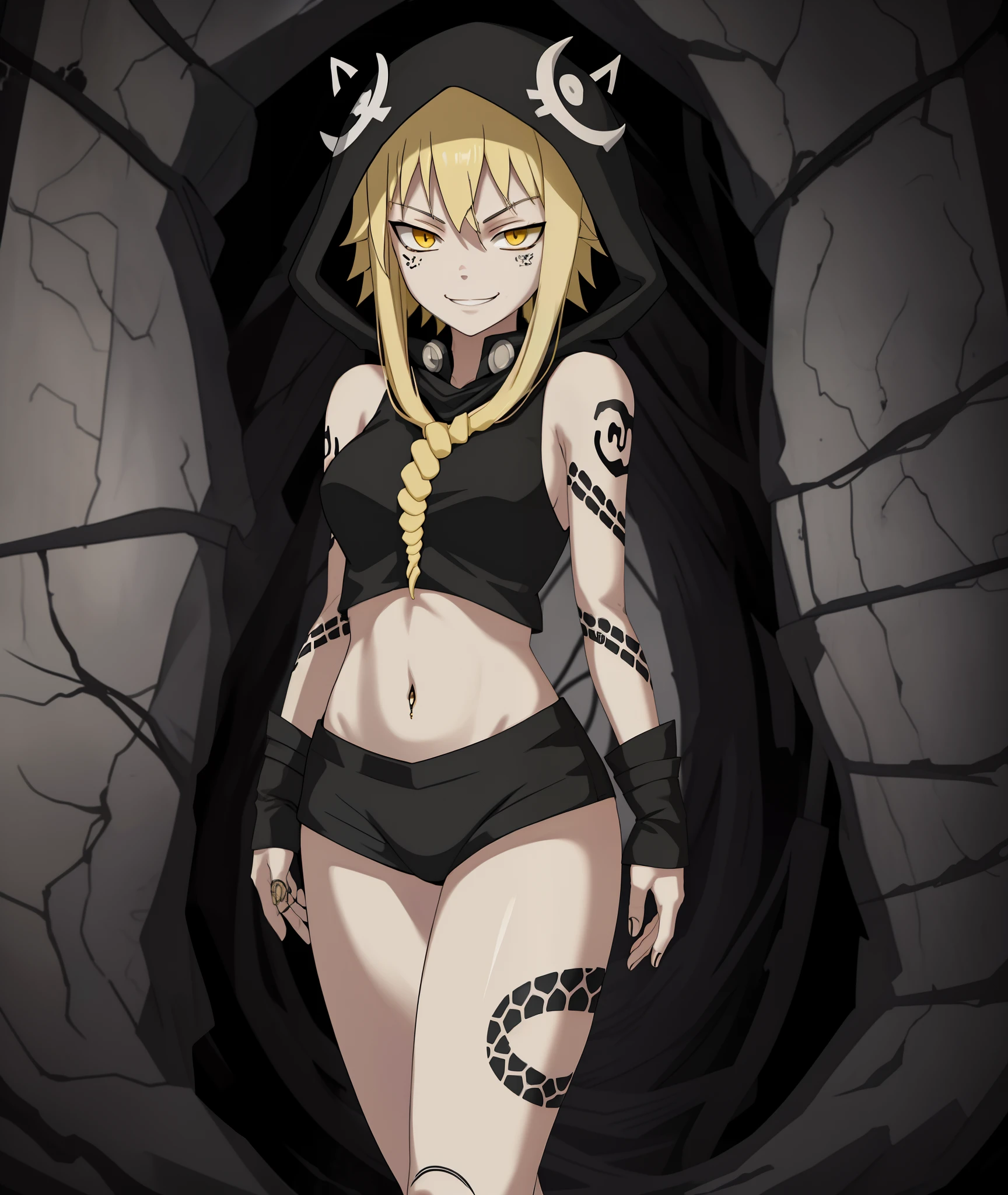 [medusa gorgon], [soul eater], [Uploaded to rule34.xxx; (kingmaster), (shosho_oekaki), (neko****sama)], ((masterpiece)), ((HD)), ((detailed shading)), ((1girl)), ((solo portrait)), ((cowboy shot)), ((front view)), ((full body)), ((cute anime girl)), {(slim figure), (blonde noose hair), (cute yellow eyes), (half-closed eyes), (snake tattoos), (small boobs), (gorgeous hips), (beautiful feet), (smug grin)}, {(black hood), (sleeveless shirt)}, {(standing), (looking ahead)}, [background; (cave), (nighttime), (dark lighting), (ambient lighting)]