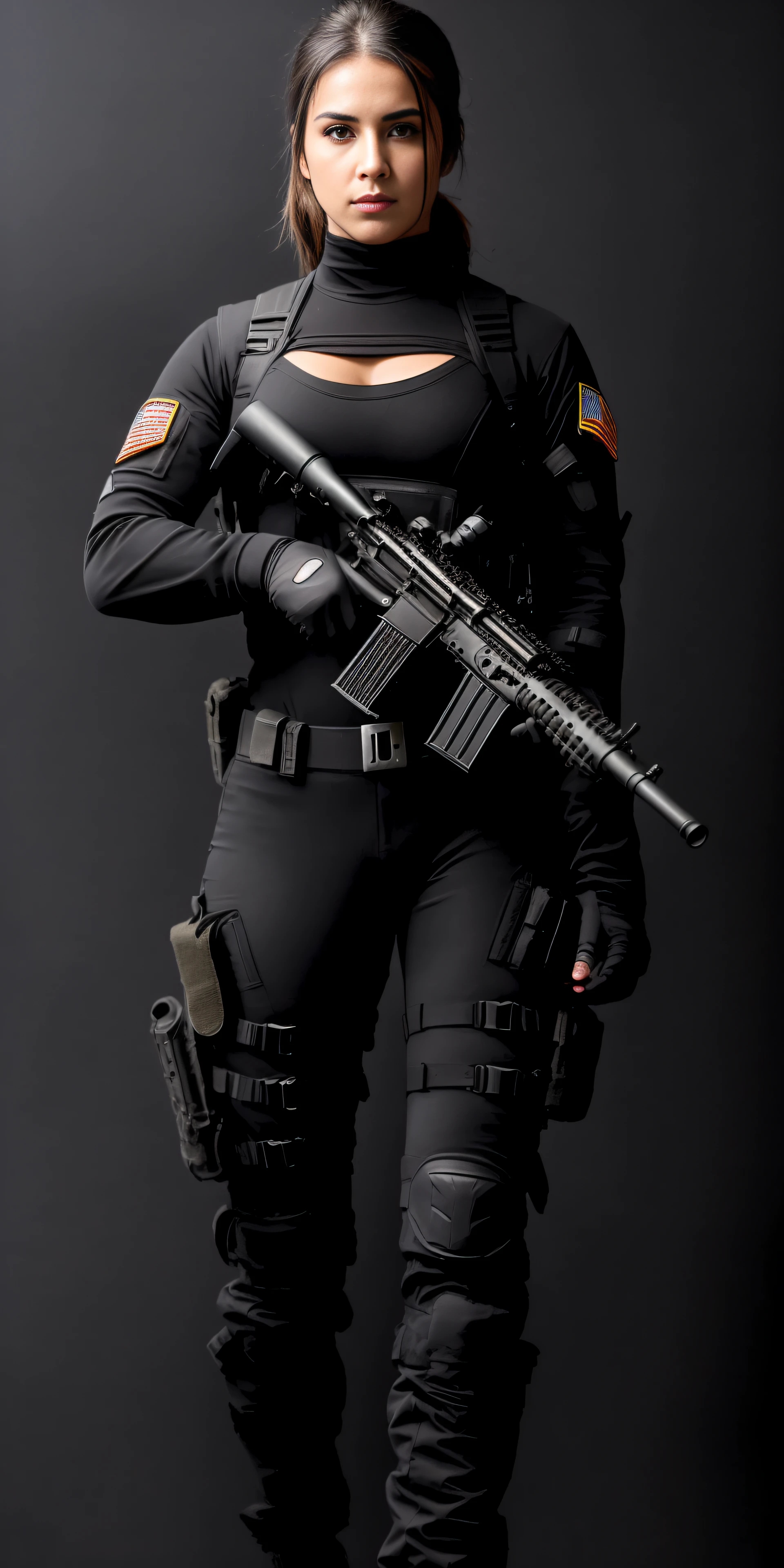 a woman in a black outfit holding a rifle, soldier girl, big ass, deep cleavage, mechanized soldier girl, military girl, beautiful female soldier, female lead character, infantry girl, of a sniper girl in war, solo female character, future combat gear, close up half body shot, quiet from metal gear solid v, wearing tactical gear, dressed in tactical armor, ((blurred dark black background:1.4))