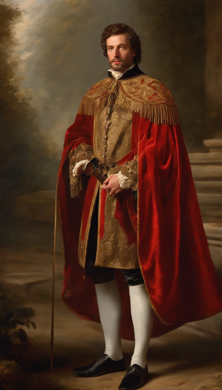 17th century man dressed in royal cloak, red with gold trim, in the style of photorealistic detailing, brushwork exploration, flickr, photorealistic renderings, dark white and amber, pseudo-realistic, religion, Ultra photo realsisim