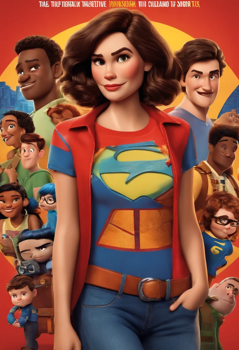 filme Marketing 2023 estilo filmes Pixar, Com nome "N - Marketing", poster, With short brunette hair and a superhero t-shirt with a denim shirt over it