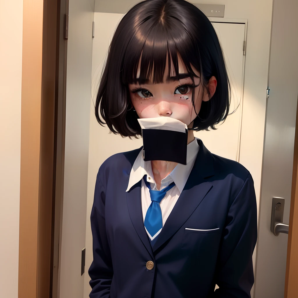 1 schoolgirl、Hanging、Single eyelid、Skinny、Tall、校服、flat chest、Navy blue blazer、White shirt、Blue Ribbon Tie、Navy blue pleated skirt、Lowered eyebrows、A dark-haired、Boyish shorthair、see-through bangs、japanes、A mole on the upper right of the lip