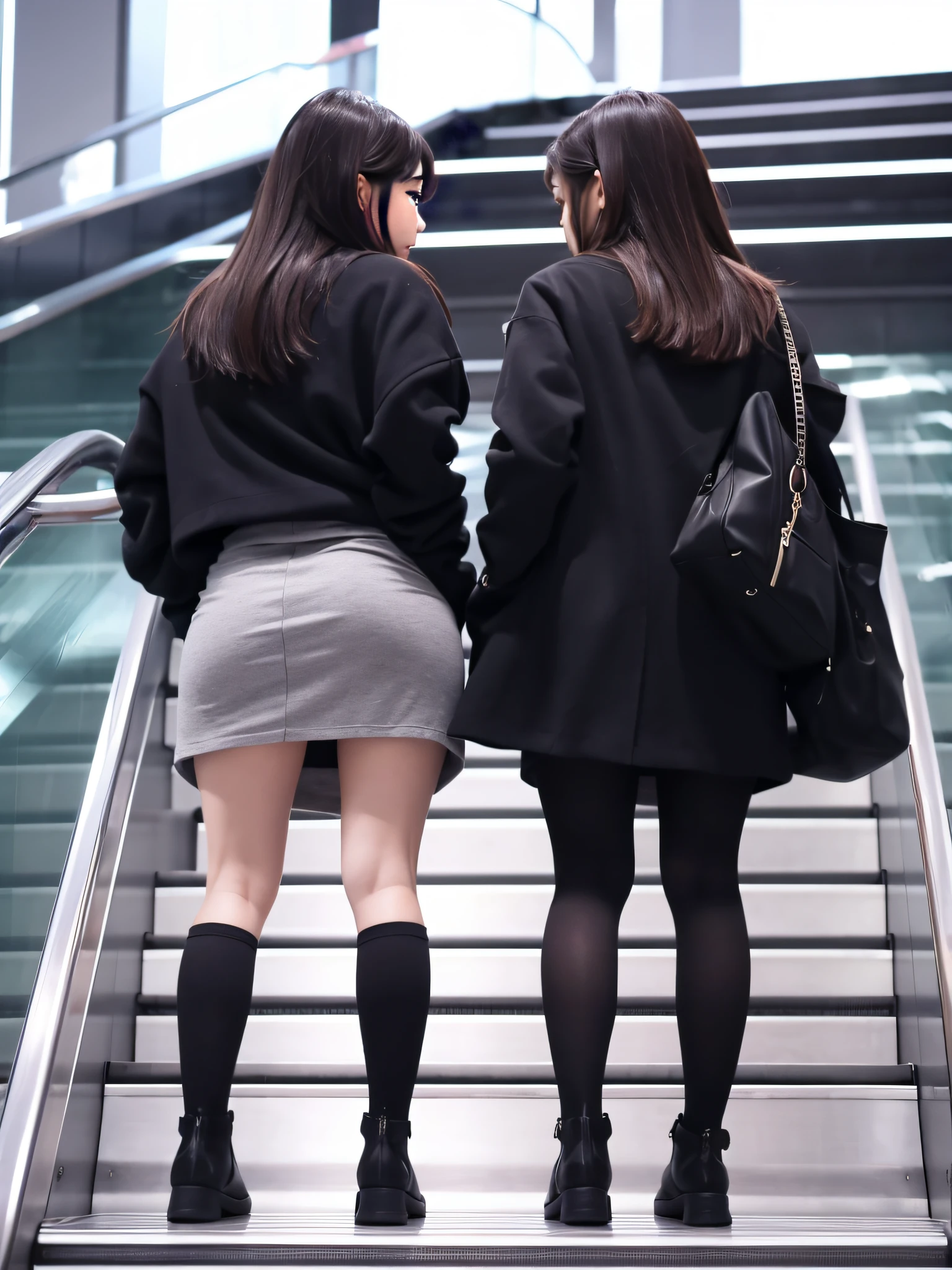 Uphill on the escalator skirt、short coat、Lower body close-up、looks from behind、The camera angle is very low、Slouched、Slouched、Protruding buttocks