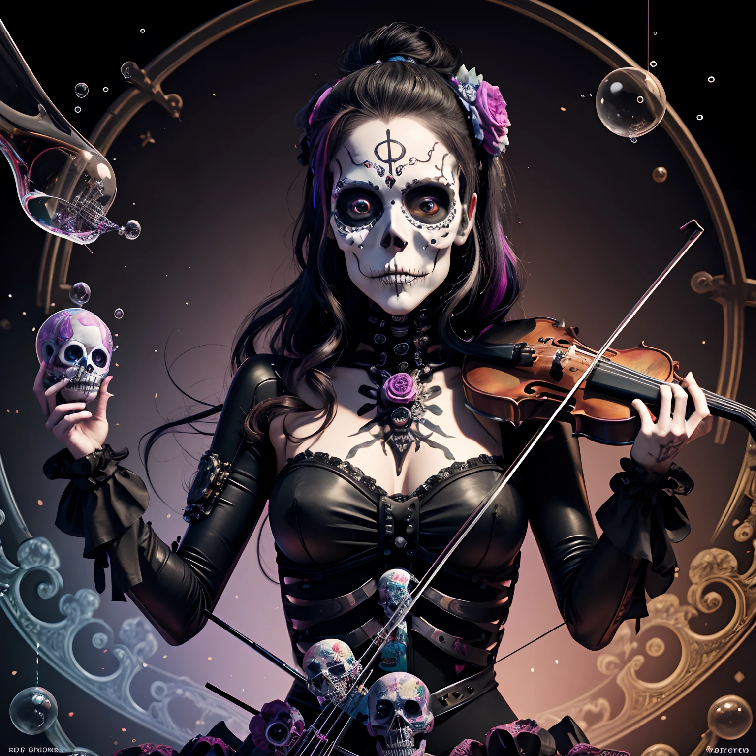 skeleton playing the violin with sugar skull paint on it's face, cyberpunk art, by Steven James Petruccio, behance contest winner, gothic art, apocalypse art, behance hd, macabre, rainbow kaleidoscope soap bubbles background.