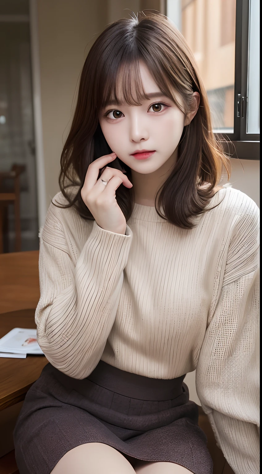 masutepiece, Best Quality, Illustration, Ultra-detailed, finely detail, hight resolution, 8K Wallpaper, Perfect dynamic composition, Beautiful detailed eyes , a room, Sexy face,longsl-sleeves sweater(long skirt),Raw photo,KPOP Idol Face,Cute face,a baby face,20 years girl