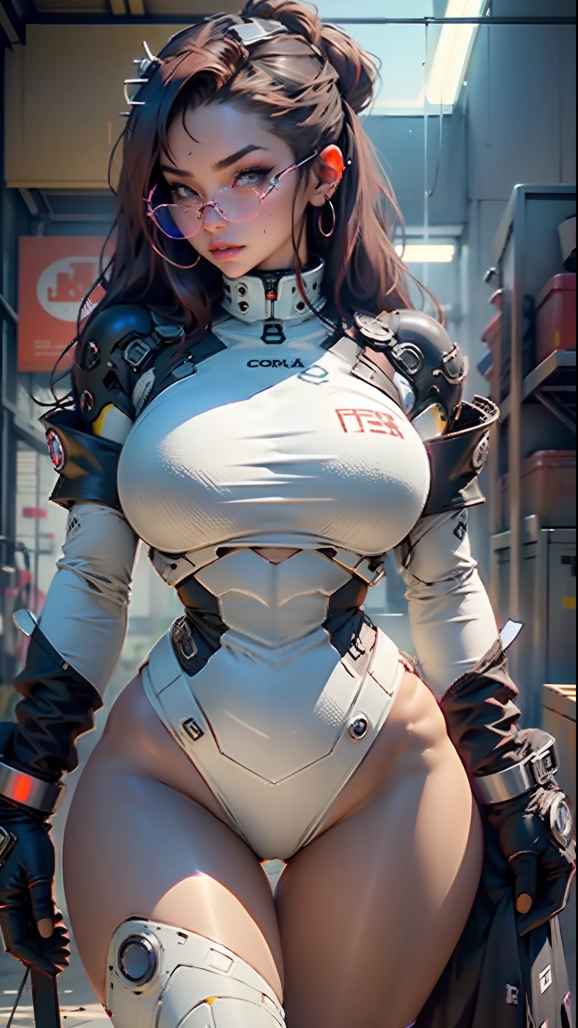 Woman body defined thick thighs cybernetic body parts, ropa interior corta ,tetas grandes muy grandes tetas
