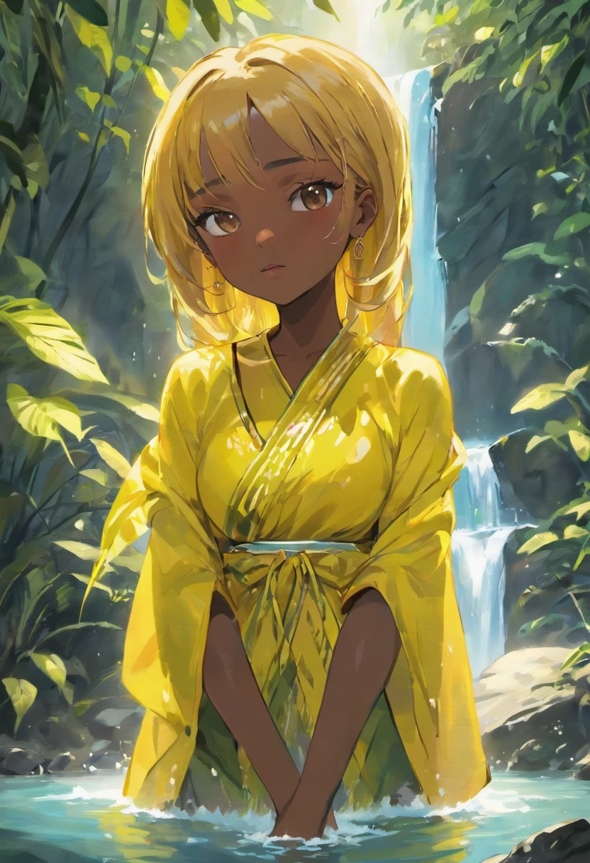 (black woman,wearing yellow African clothes,taking a bath in a waterfall,with a beautiful mirror in her hands,) (best quality,4k,8k,highres,masterpiece:1.2),ultra-detailed,(realistic,photorealistic,photo-realistic:1.37),HDR,UHD,studio lighting,ultra-fine painting,sharp focus,physically-based rendering,extreme detail description,professional,vivid colors,bokeh (portraits,landscape) (yellow, vibrant colors, vivid tones), (soft, warm sunlight) In this stunning artwork, a black woman is depicted immersed in the beautiful natural surroundings of a waterfall. She is wearing vibrant yellow African clothes, adding a pop of color to the scene. The woman stands gracefully under the cascading water, enjoying the refreshing sensation as she takes a bath. Her hands hold a stunning mirror, reflecting her beauty and the surrounding landscape. The artwork is created with the utmost attention to detail and quality. It boasts the highest resolution possible, offering a visual feast that is fit for a masterpiece. The image is incredibly realistic, with every aspect meticulously rendered to achieve photorealism. The use of HDR and UHD technology further enhances the visual experience, bringing out the finest details in the artwork. The lighting in the artwork is carefully designed to create a mesmerizing effect. Soft, warm sunlight illuminates the scene, casting a gentle glow on the woman's face and emphasizing her natural beauty. Studio lighting techniques are employed to ensure that every element of the artwork is highlighted with precision. The result is an ultra-fine painting that captivates viewers with its lifelike quality and exquisite craftsmanship. The overall composition of the artwork is reminiscent of a portrait, with the woman serving as the central focus. However, the surrounding landscape adds a touch of grandeur to the piece, turning it into a breathtaking landscape artwork as well. The combination of these two genres creates a harmonious blend that showcases the