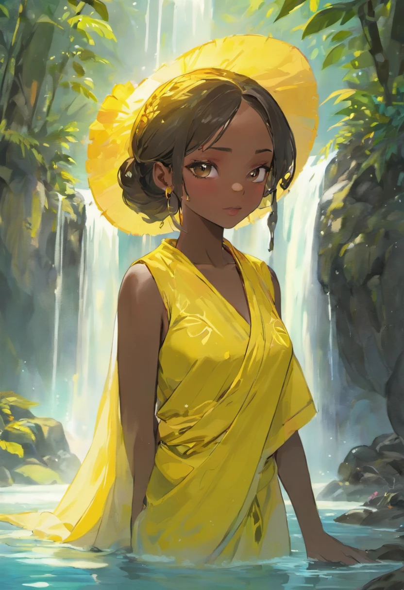 (black woman,wearing yellow African clothes,taking a bath in a waterfall,with a beautiful mirror in her hands,) (best quality,4k,8k,highres,masterpiece:1.2),ultra-detailed,(realistic,photorealistic,photo-realistic:1.37),HDR,UHD,studio lighting,ultra-fine painting,sharp focus,physically-based rendering,extreme detail description,professional,vivid colors,bokeh (portraits,landscape) (yellow, vibrant colors, vivid tones), (soft, warm sunlight) In this stunning artwork, a black woman is depicted immersed in the beautiful natural surroundings of a waterfall. She is wearing vibrant yellow African clothes, adding a pop of color to the scene. The woman stands gracefully under the cascading water, enjoying the refreshing sensation as she takes a bath. Her hands hold a stunning mirror, reflecting her beauty and the surrounding landscape. The artwork is created with the utmost attention to detail and quality. It boasts the highest resolution possible, offering a visual feast that is fit for a masterpiece. The image is incredibly realistic, with every aspect meticulously rendered to achieve photorealism. The use of HDR and UHD technology further enhances the visual experience, bringing out the finest details in the artwork. The lighting in the artwork is carefully designed to create a mesmerizing effect. Soft, warm sunlight illuminates the scene, casting a gentle glow on the woman's face and emphasizing her natural beauty. Studio lighting techniques are employed to ensure that every element of the artwork is highlighted with precision. The result is an ultra-fine painting that captivates viewers with its lifelike quality and exquisite craftsmanship. The overall composition of the artwork is reminiscent of a portrait, with the woman serving as the central focus. However, the surrounding landscape adds a touch of grandeur to the piece, turning it into a breathtaking landscape artwork as well. The combination of these two genres creates a harmonious blend that showcases the