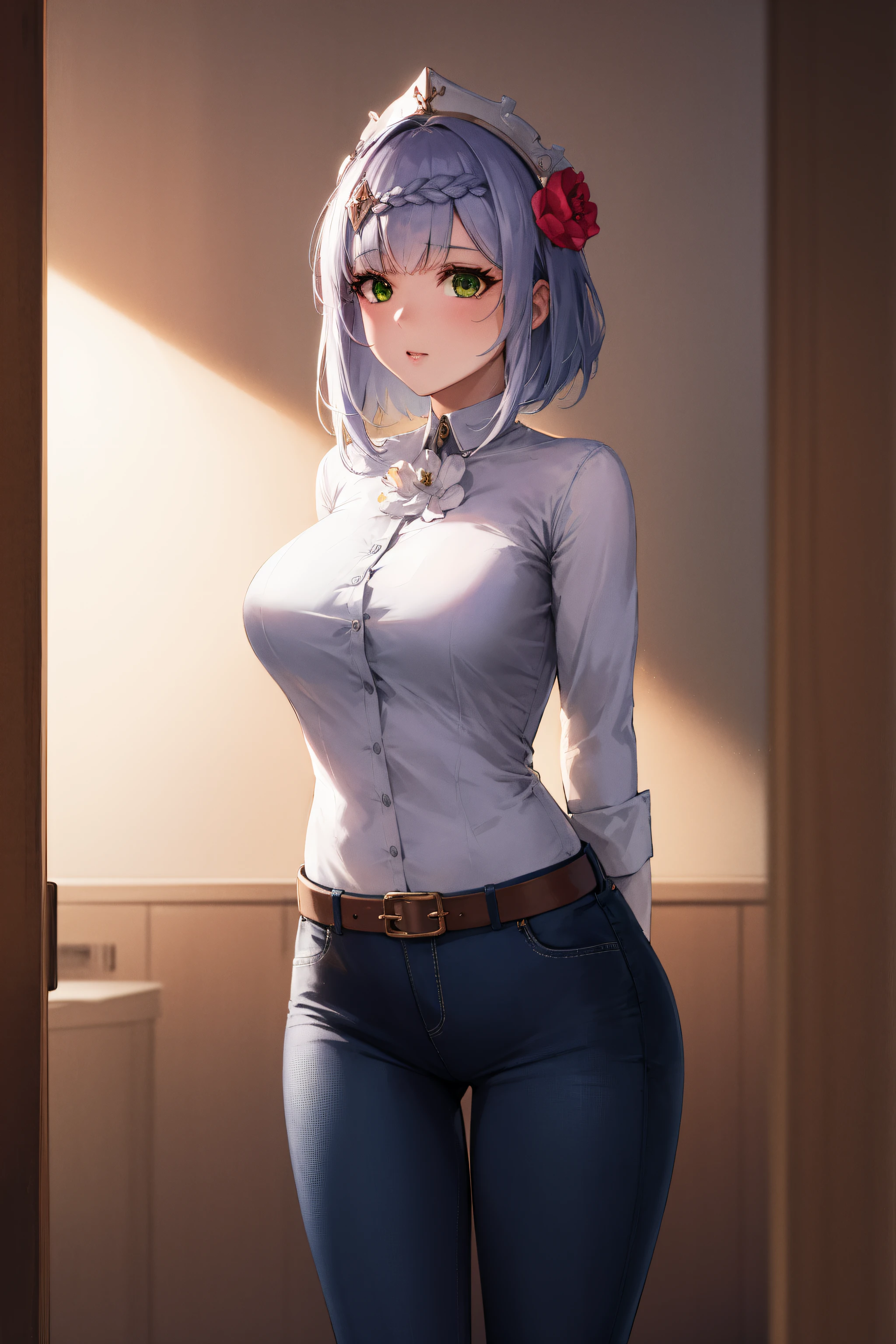 genshinnoelle, noelle, braid, flower, hair flower, hair ornament, short hair, silver hair, (green eyes:1.5),
BREAK belt, jeans, pearl_necklace, bracelet, black gloves, white shirt,
BREAK indoors, laboratory,
BREAK looking at viewer, (cowboy shot:1.5),standing, ((arms behind back:1.2)),
BREAK (masterpiece:1.2), best quality, high resolution, unity 8k wallpaper,NSFW ,(illustration:0.8), (beautiful detailed eyes:1.6), extremely detailed face, perfect lighting, extremely detailed CG, (perfect hands, perfect anatomy),