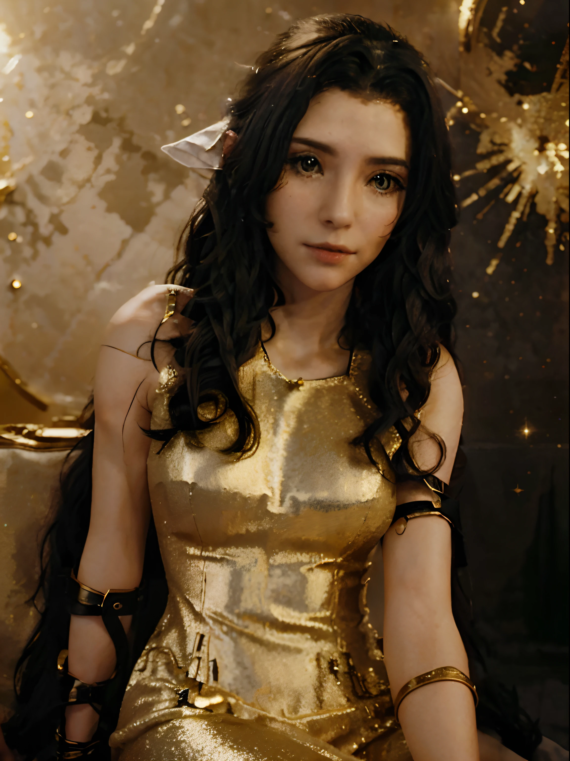 A beautiful white girl, long curly black hair, sitting on a golden world, cinematic, glitter, beautiful, high quality, space