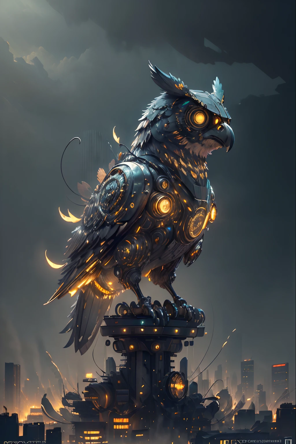 In the middle of the night, A robot owl in an abandoned city. Its fuselage is made entirely of shiny metal, Its mechanical structure shines brightly. The surroundings are littered with crumbling skyscrapers and streets littered with debris. The sky was shrouded in thick black smoke，Knocked down by torrential rain.

(Best quality,4K,8K,A high resolution,Masterpiece:1.2),Ultra-detailed,(Realistic,Photorealistic,photo-realistic:1.37),hdr,hyper HD,Studio lighting,Ultra-fine painting,Sharp focus,Physically-based rendering,Extreme detail description,professional,Vivid colors,Bokeh,Machine Golden Owl,during night,Desolate,Mechanical,Abandoned city,Decaying skyscrapers,Rainy atmosphere,Torrential rain,Dark smoke,Bright lighting,Detailed metal body,metallic  luster,Lighting machinery and equipment