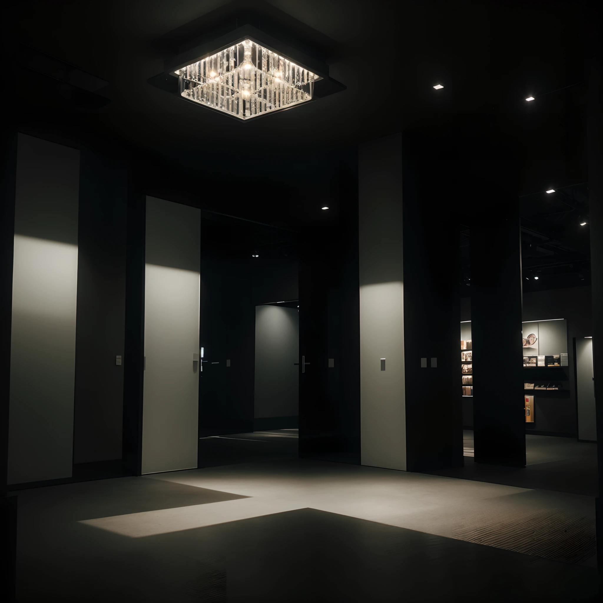 a view of a store with a lot of lights hanging from the ceiling, exhibition hall lighting, award winning dark lighting, exceptional lighting, dramatic contrast lighting, nice lighting, intriguing lighting, exaggerated lighting, global lighting, brilliant lighting, subtle and compelling lighting, dramatic and dynamic lighting, lighting, impressive lighting, dim accent lighting, сinematic lighting, interesting lights