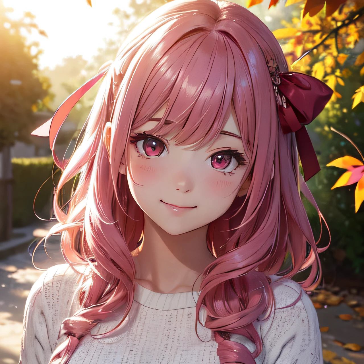 mastepiece, profesional artwork, sharp image, best quality, high quality, ultra quality, 1girl, pink hair, medium hair, wavy hair, , cute, casualwear, small breast, upper body, face focus, beautiful eyes, red eyes, glowing eyes, village, falling leaves, autunm, crowd, depth of field, sunray, rays, dust, sunlight, beautiful lighting, detailed face, detailed background, detailed picture, blush, deatiled texture, bokeh background, sunset, smile, heart eyes, hair ribbon, hair ornament