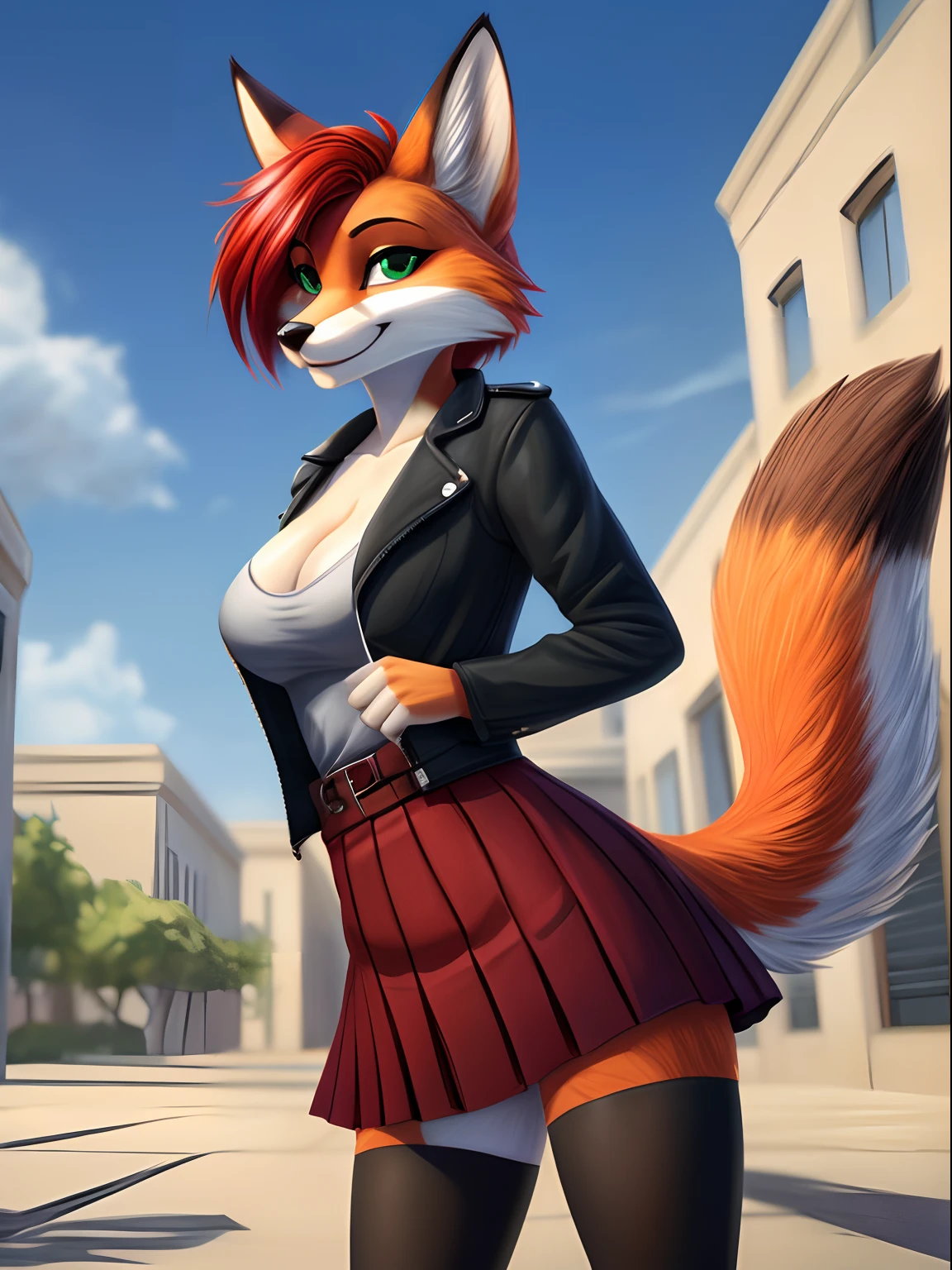 1girl, power pose, (sassy, bitchy), ((anthro vixen)), hip tuft, leg tuft, fluffy fur, whiskers, straight bright red hair, shoulder hair, green eyes, (anthro furry:1.3, snout:1.2, anthro:1.3, furry:1.2, female:1.2, bushy tail: 1.2, patterned tail), college quad, college students, freshmen, black tights, short skirt, pleated skirt, designer jacket, low cut shirt, cleavage, hourglass, shoulder bag, (masterpiece, golden rule, drawn, beautiful art, shaded, absurd res), bold colours