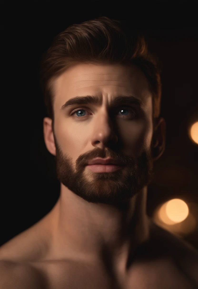 a naked Chris Evans with a large ,:1.1,beautiful detailed eyes,beautiful detailed lips,extremely detailed eyes and face,long eyelashes,gorgeous physique,confident pose,dark background,professional,photorealistic,studio lighting,intense colors,rich textures,bokeh, full body view