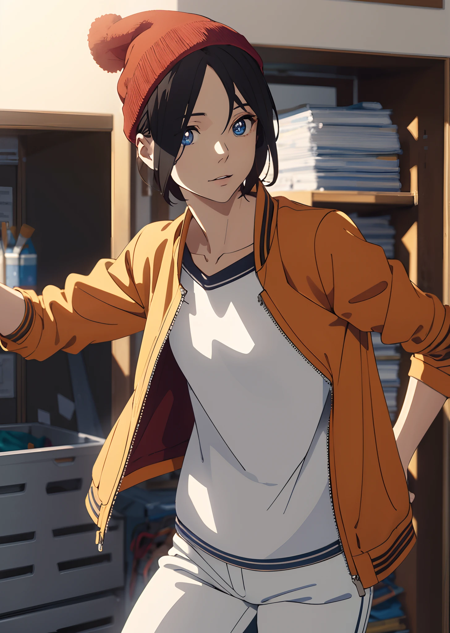 Fukoizumimo, Fuko Izumo, Black hair, hair between eye, (Brown eyes:1.5), Short hair, BREAK  shirt, White shirt, Jacket, Open jacket, Pants, denim, Beanie, Red Beanie, BREAK looking at viewer, Break indoors, crass room, (Cowboy Shot:1.5), BREAK (masutepiece:1.2), Best Quality, High resolution, Unity 8k壁纸, (Illustration:0.8), (Beautiful detailed eyes:1.6), extra detailed face, Perfect Lighting, extremely details CG, (Perfect hands, Perfect Anatomy),Izumo Commercial、Pink costume,
Marching,Diabolical