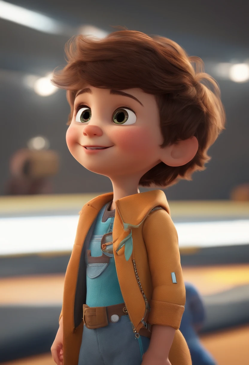 a happy cute kid standing short hair, vestindo uma fantasia espacial, , fundo branco, barnet, Tom, Estilo Pixar, ....3d, desenhos animados, rosto detalhado, asymmetrical 16k