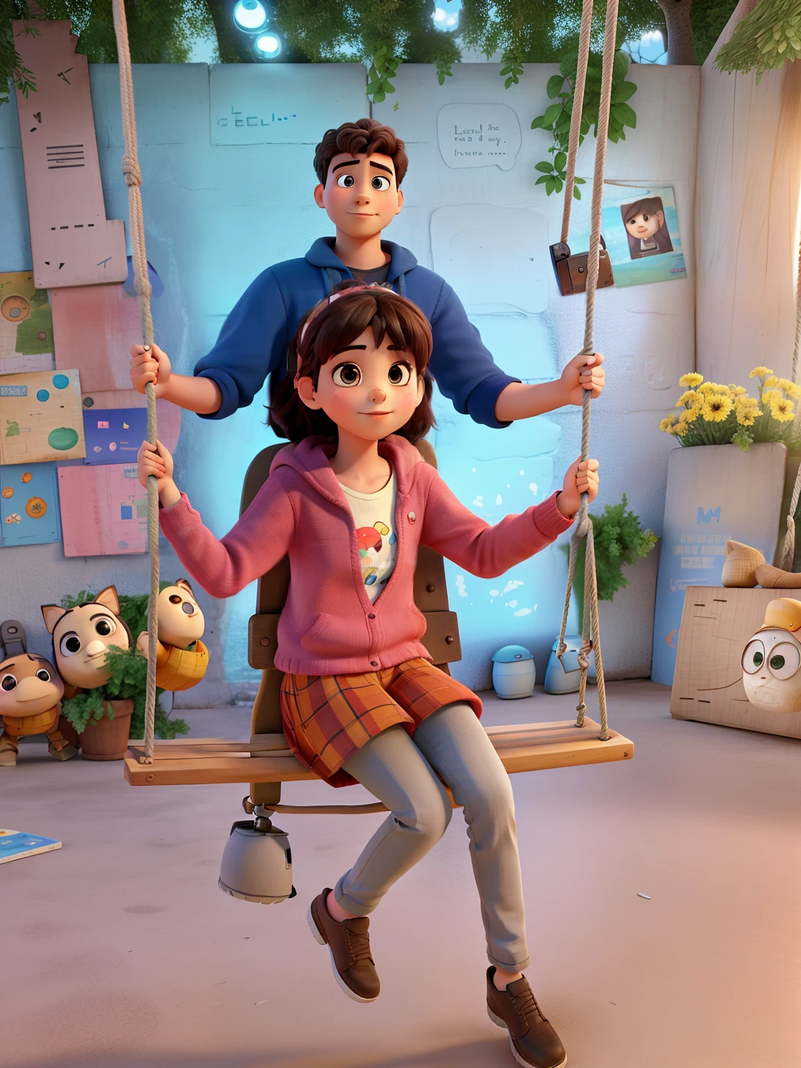 Um casal, With the girl sitting on the swing, Place a picture on the back written "WALL E GEO"