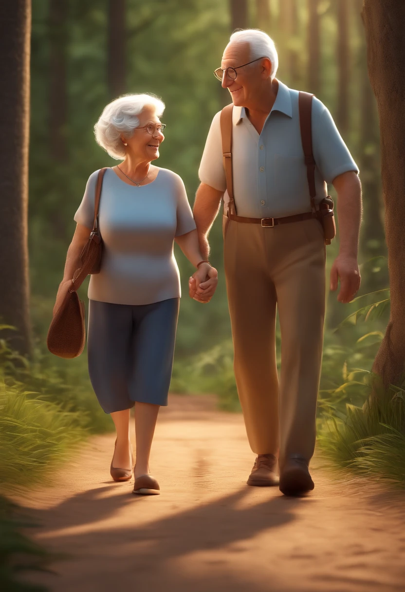 An elderly couple, a short cute elderly woman, short wavy gray hair, wearing glasses, in summer clothes, walking next to a light brown elderly man, tall, strong and bald. Walking hand in hand with her grandson, a 3-year-old boy, with light tanned skin, short curly hair, round brown eyes. Walking on a trail in the forest., toon, estilo pixar, 3d, desenhos animados, rosto detalhado, asymmetrical 16k
