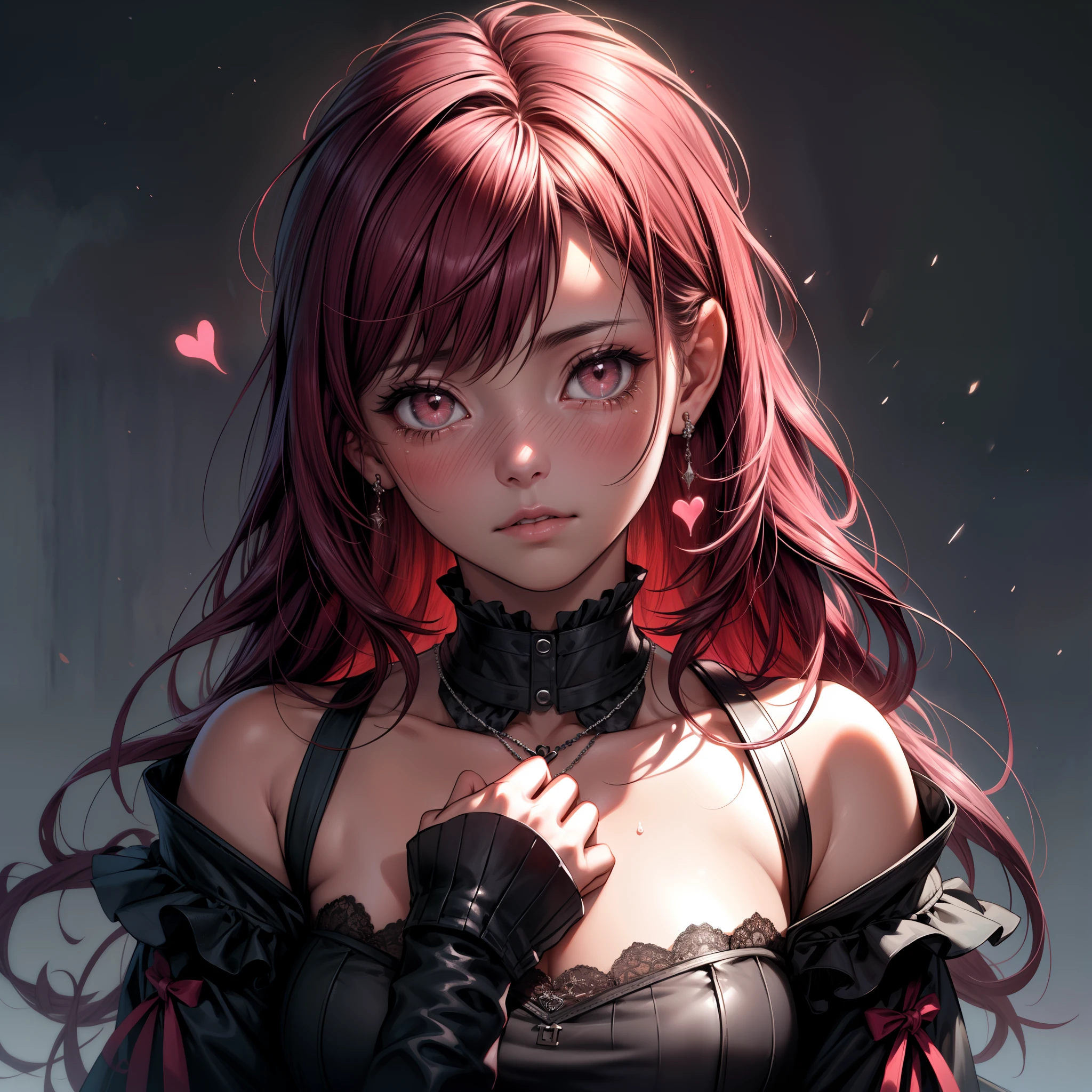 (Altas Resoluciones,fotorrealista:1.37),Woman with a broken heart,gimiendo de dolor,atmosfera oscura,cabello desordenado,Faint tears on her face,heart-shaped necklace,vidrios rotos a su alrededor,tenues rayos de luz que atraviesan las grietas,gloomy background,capturado en un momento de angustia
