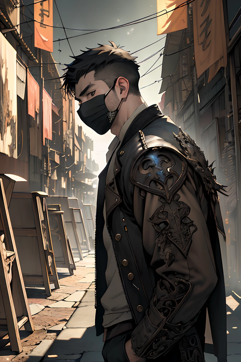 (masterpiece,best quality,absurdres ), Faraway view,Panorama composition,Handsome and handsome oriental boy,18 years old boy,Cool and handsome,Skinny tall boy,with fair skin,Thin and cold,Extremely detailed face,upper body photo,extra very short hair,looking to the camera, (black eyes+with short black hair:1.1), colorful, modern city background, (wearing a giant mask:1.3), fantasy, Sacred Light, epic realistic, faded, ((neutral colors)), art, (hdr:1.5), hyper detailed, (art station:1.5), cinematic, warm lights, light effect, dramatic light, (intricate details:1.2), Looking at the camera, (open black jacket:1.1).