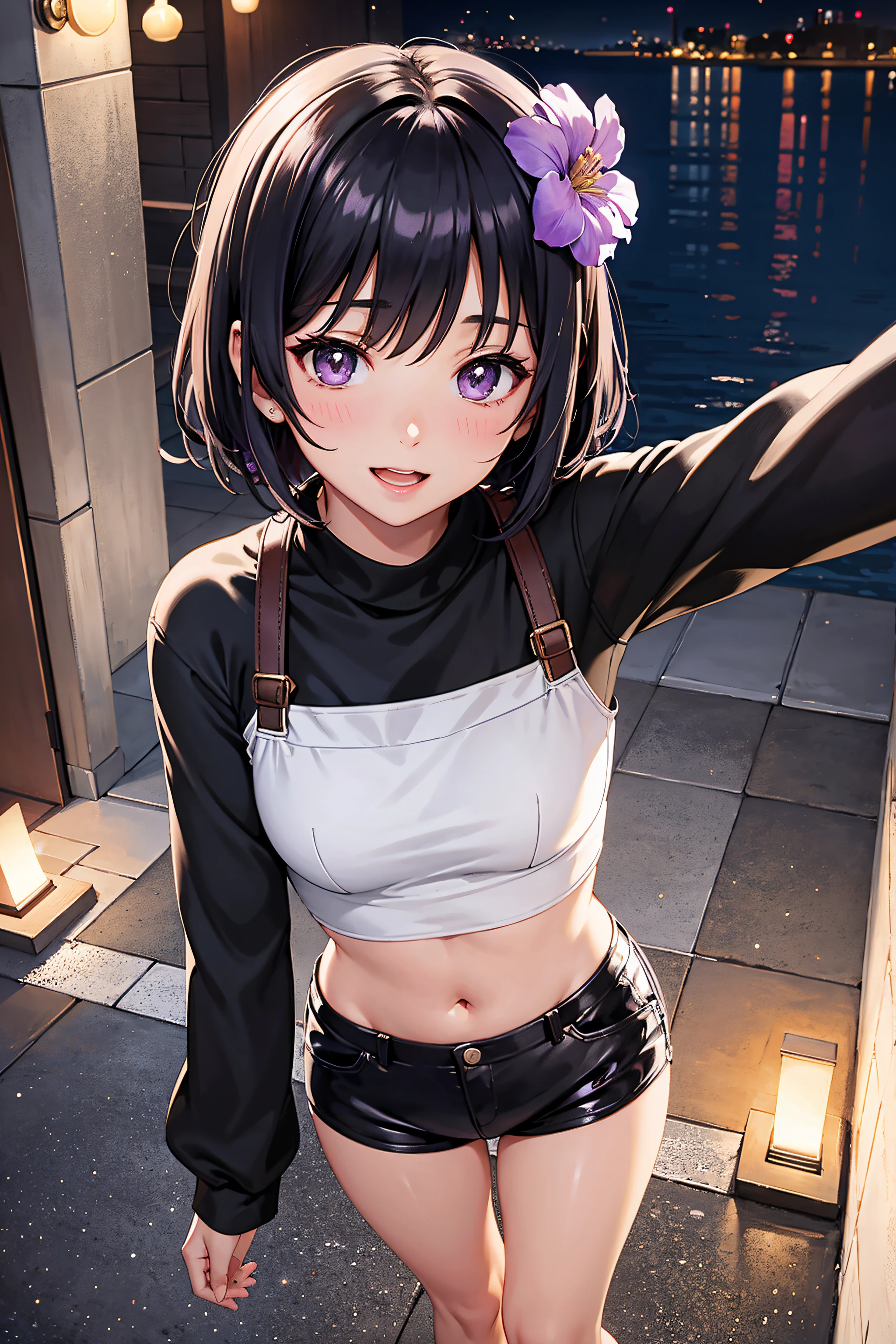 Selfie, ,Beautiful illustration、masutepiece, top-quality,  From  above, Night, ((backstreet)), 1 girl,Cute little girl s、minigirl, 4th grade elementary school student、make up,  Standing, Talking, Seductive smile, Open mouth, Black hair, Hair Flower, Short hair, Purple eyes, ((Black Hot Pants)),Sexy, tshirts , lovely thighs、glowing thigh, Shiny Skin, Sexy, NSFW,