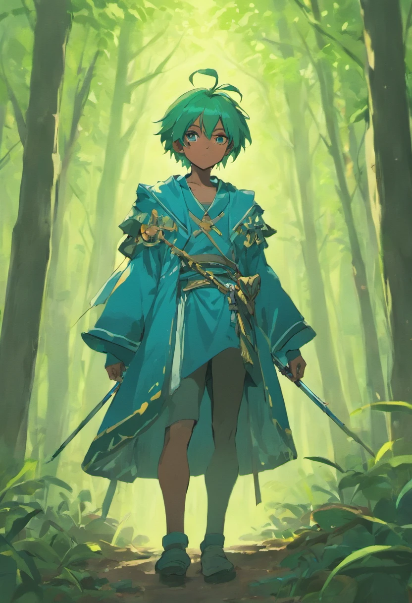 Young african hunter with a beautiful bow in his hands,In the middle of the forest hunting,with a cute hat dressed in blue and green clothes,