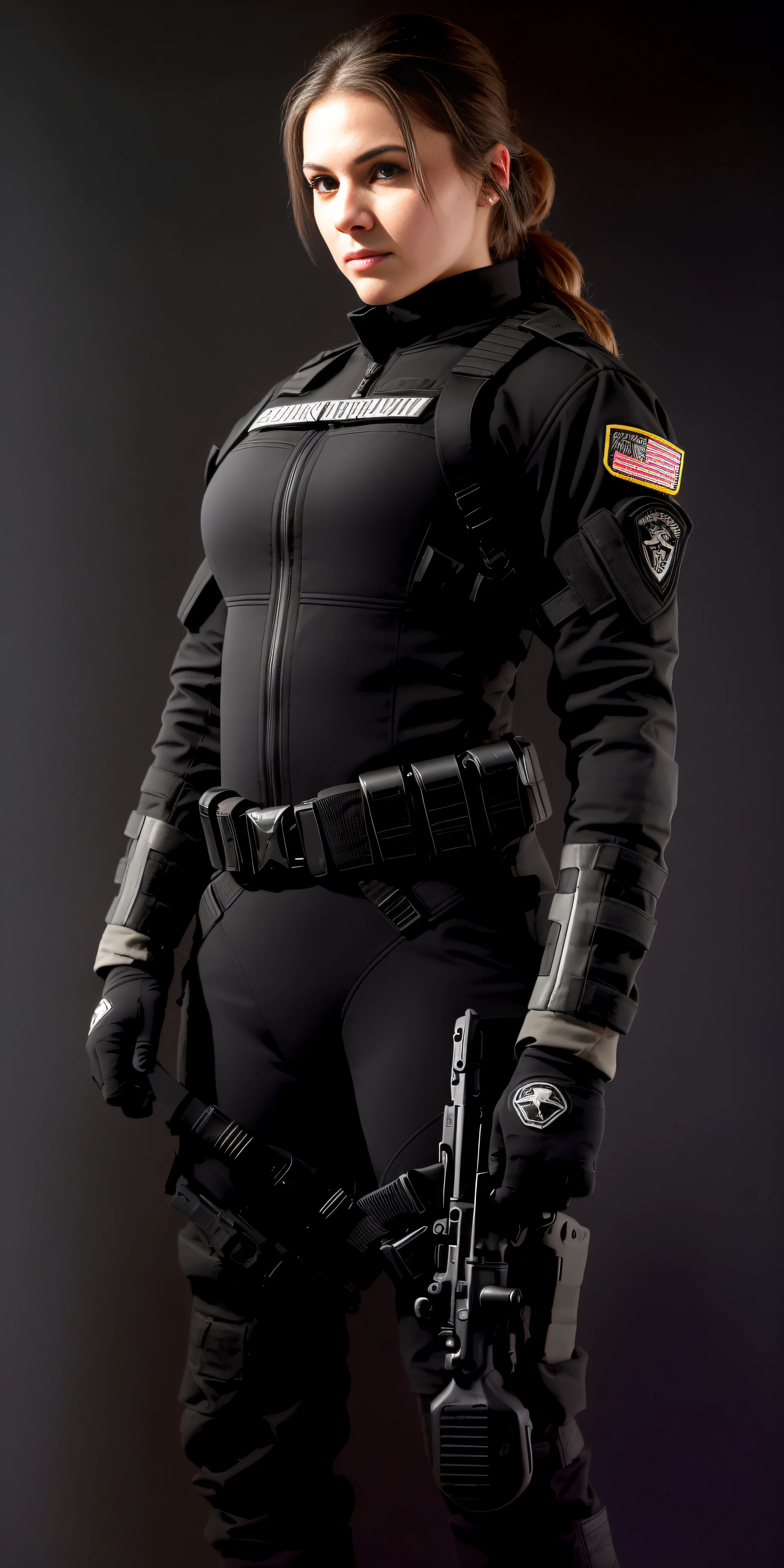 a woman in a black outfit holding a rifle, soldier girl, big ass, deep cleavage, mechanized soldier girl, military girl, beautiful female soldier, female lead character, infantry girl, of a sniper girl in war, solo female character, future combat gear, open military jacket, UK insignia, close up half body shot, quiet from metal gear solid v, wearing tactical gear, dressed in tactical armor, ((blurred dark black background:1.4))