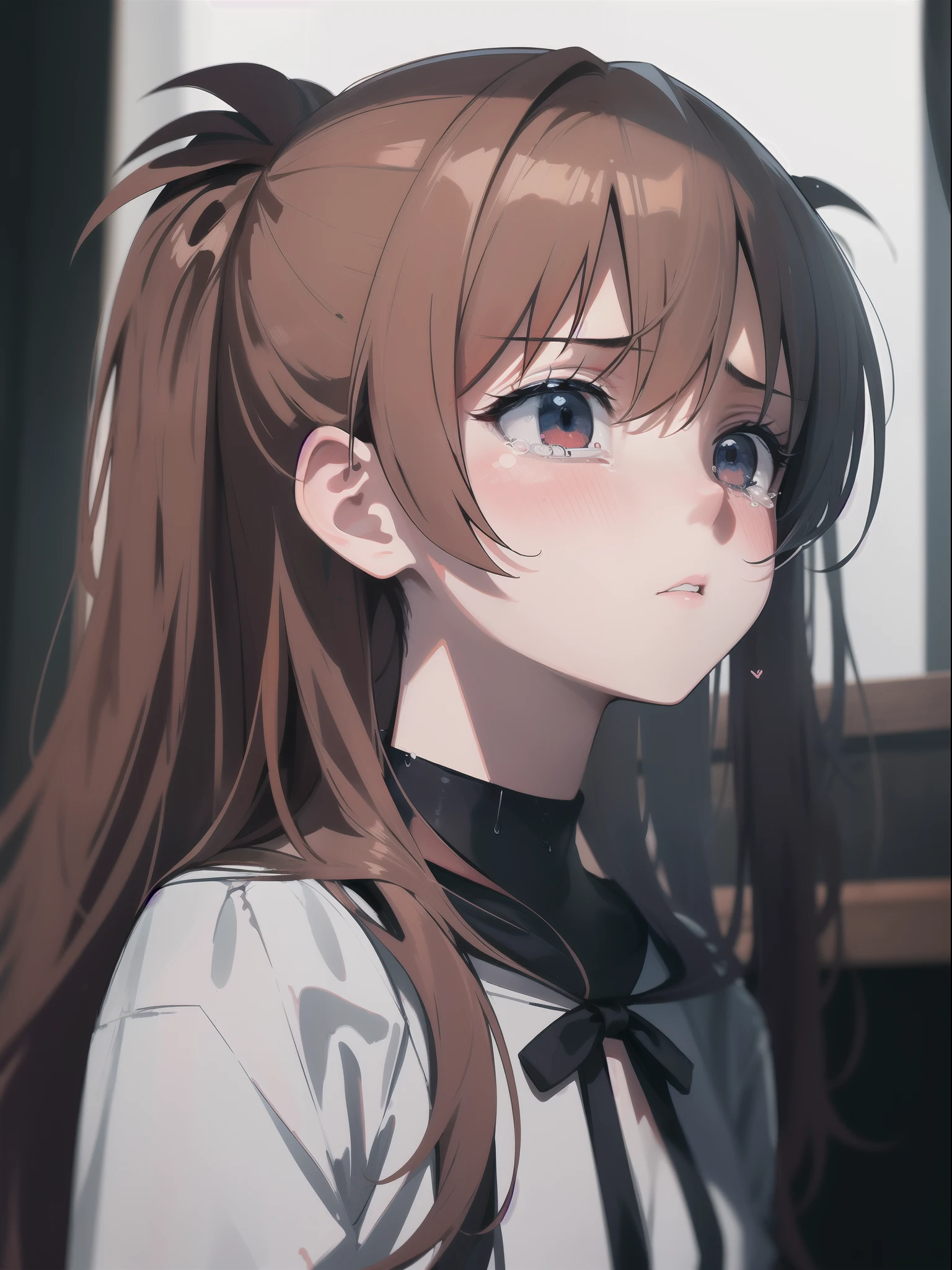 Hifh detail furry girl, with a loose top, long light red hair with braids, shining cat eyes, a fluffy tail, dynamic pose, tiny and short clothes, small body, hiding, worried face, opened mouth with fangs