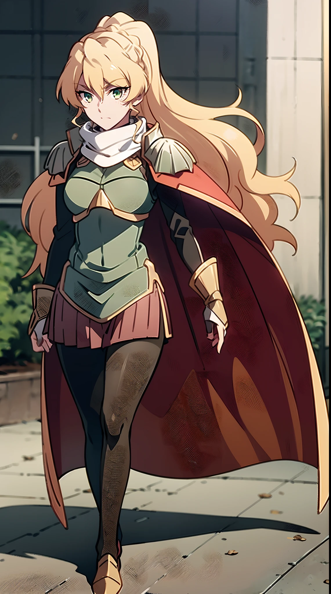 skirt vest, pantyhose, ponytail, long hair, blond hair, knight, medium breast,alicetaria february, green eyes,, walking, lance holding, cape, scarf, thick eyelashes,