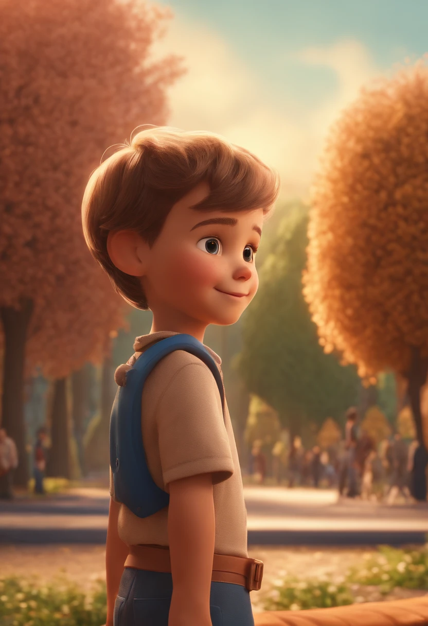 a happy cute standing short hair, correndo no parque , fundo levemente desfocado, barnet, tom, Estilo Pixar, ..3d, desenhos animados, rosto detalhado, asymmetrical 16k,
