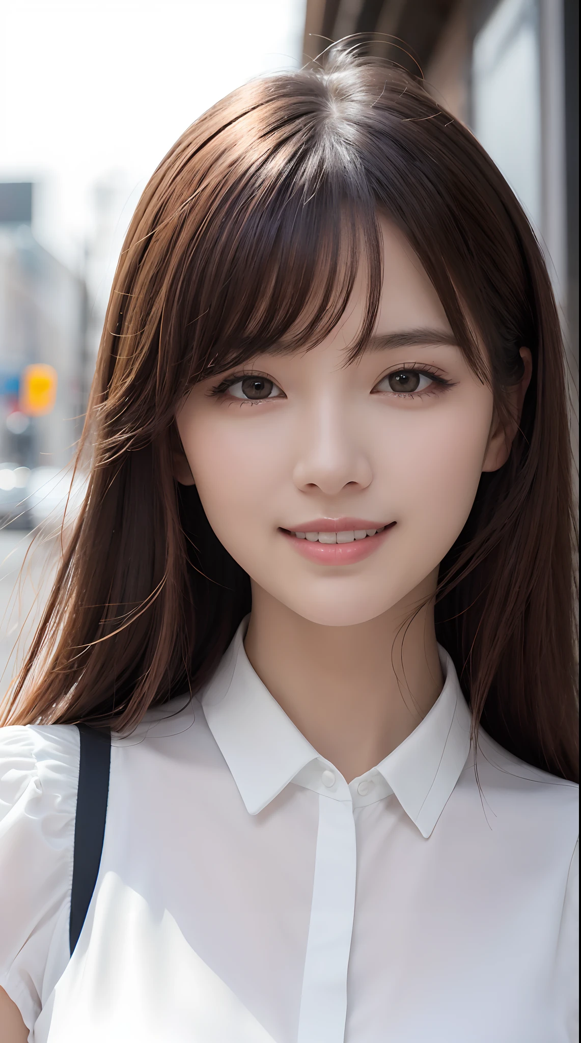 masutepiece, Best Quality, Photorealistic, Super detailed details, finely detail, High resolution, 8K Wallpaper, 1 person woman, up close shot、slightly drooping eyes、Light brown fluffy long hair, In a white blouse, foco nítido, Perfect dynamic composition, Beautiful detailed eyes, detailed hairs, Detailed realistic skin texture, Smiling, On the street、