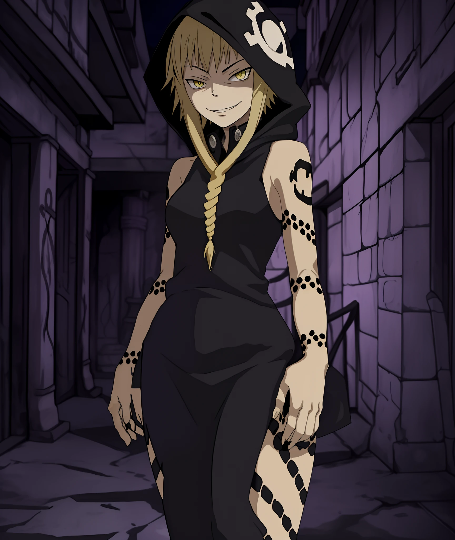 [medusa gorgon], [soul eater], [Uploaded to rule34.xxx; (kingmaster), (shosho_oekaki), (nekololisama)], ((masterpiece)), ((HD)), ((detailed shading)), ((1girl)), ((solo portrait)), ((cowboy shot)), ((front view)), ((full body)), ((cute anime girl)), {(slim figure), (blonde noose hair), (cute yellow eyes), (half-closed eyes), (snake tattoos), (small boobs), (gorgeous hips), (beautiful feet), (smug grin)}, {(black hood), (sleeveless shirt)}, {(standing), (looking ahead)}, [background; (cave), (nighttime), (dark lighting), (ambient lighting)]