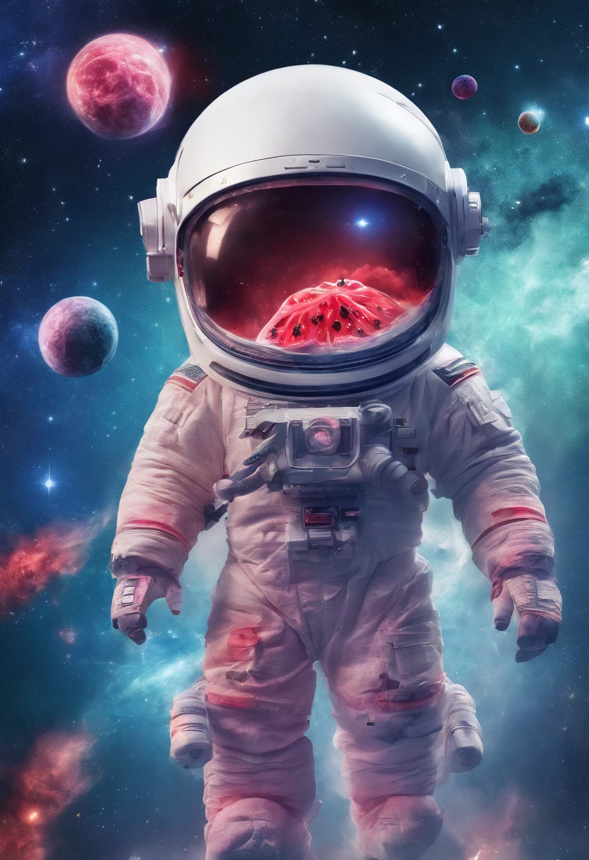 Slice of watermelon, watermelon, potrait of natural highest quality, 5 holding broken teddy bear, ripped space costume, astrounout helmet, smoke around, interstellat, realistic, hyper realism, ultra detailed,