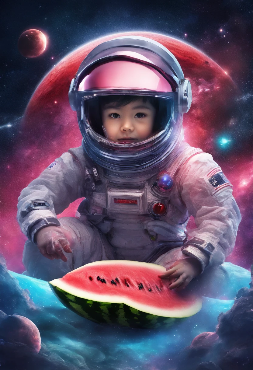 Slice of watermelon, watermelon, potrait of natural highest quality, 5 holding broken teddy bear, ripped space costume, astrounout helmet, smoke around, interstellat, realistic, hyper realism, ultra detailed,