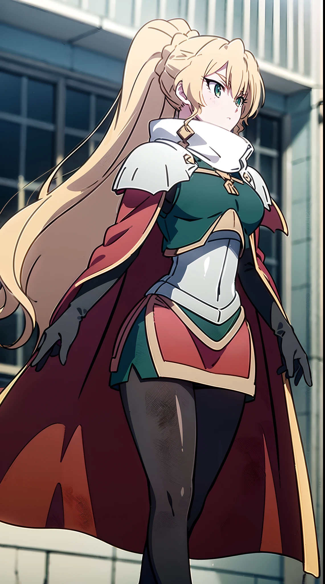 skirt vest, pantyhose, ponytail, long hair, blond hair, knight, medium breast,alicetaria february, green eyes,, walking, lance holding, cape, scarf, thick eyelashes,