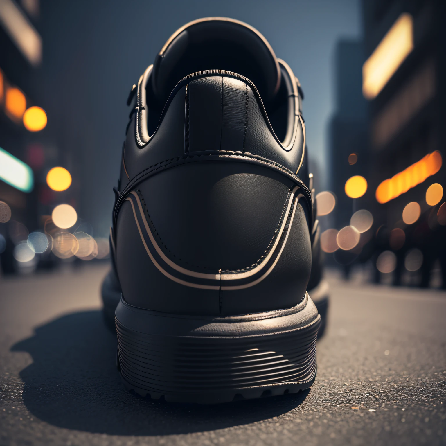Cool black shoes、presence、dark backgrounds、dark cityscape、oblique --auto