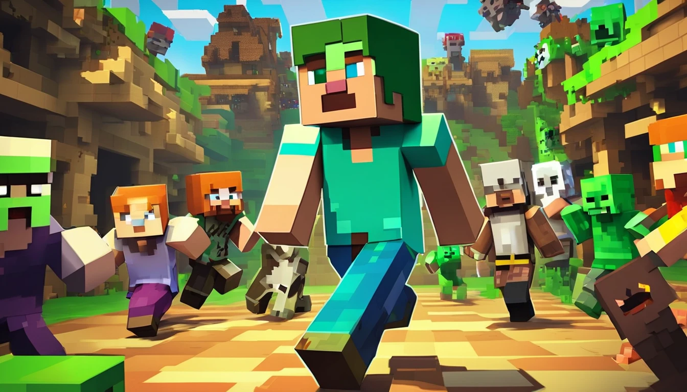 make me a Minecraft female character with a panicked face with white skin running from a lot of zombies, the zombie has green skin with a scary face and is chasing the woman in the background of the village at night