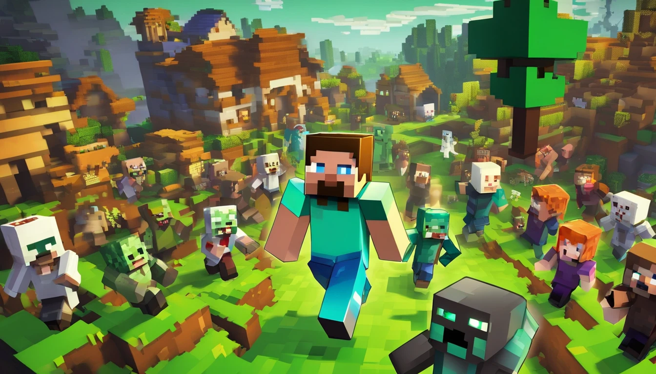 make me a Minecraft female character with a panicked face with white skin running from a lot of zombies, the zombie has green skin with a scary face and is chasing the woman in the background of the village at night