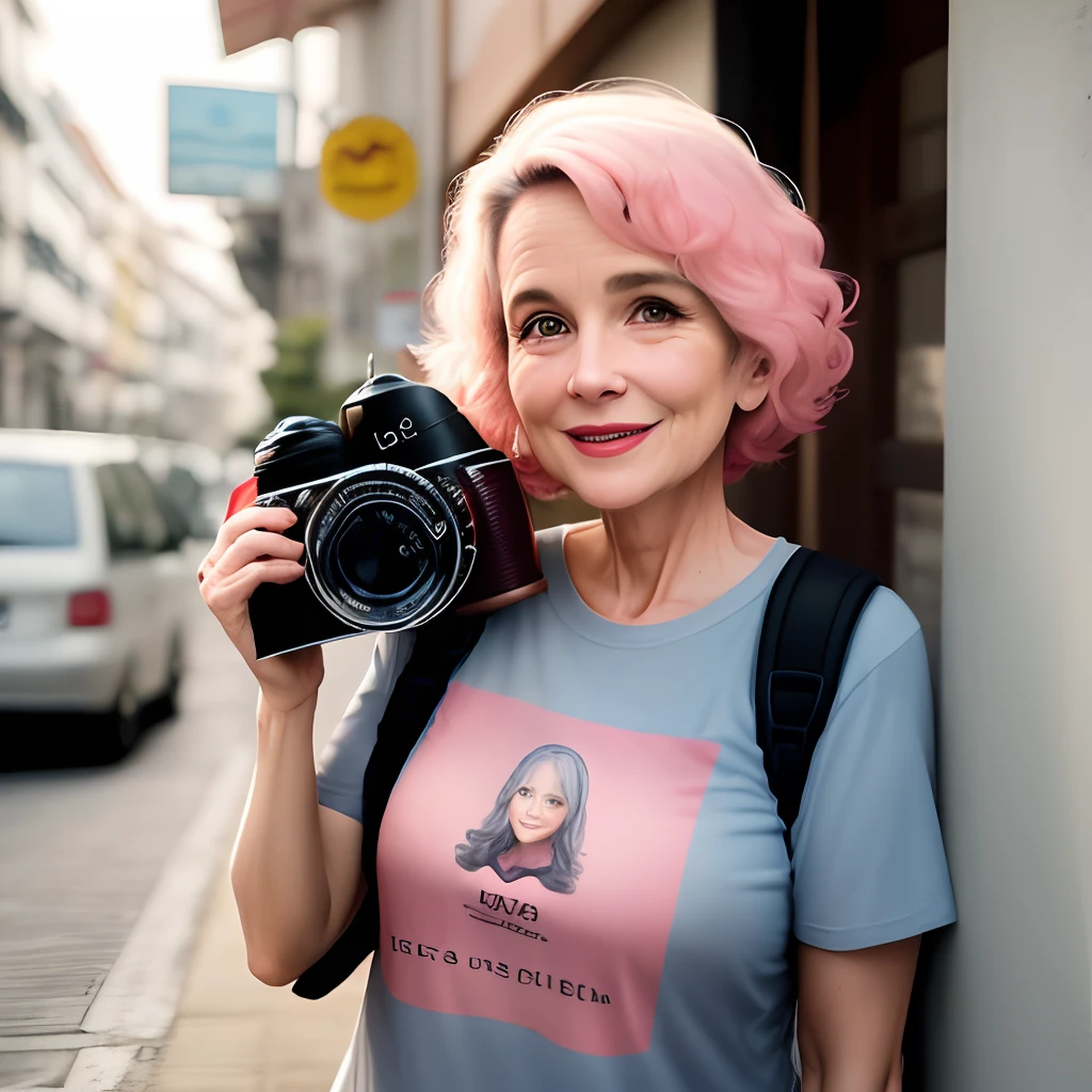 Mulher de 43 anos , com cabelos curtos , loiros , encaracolados, tirando uma foto, with a camera, camiseta rosa