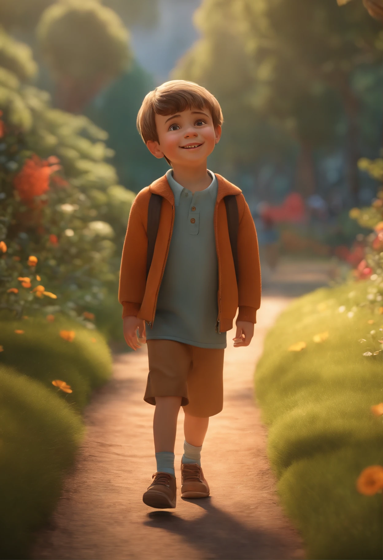 a happy cute kid standing short hair, correndo no parque , fundo levemente desfocado, barnet, tom, Estilo Pixar, ..3d, desenhos animados, rosto detalhado, asymmetrical 16k,