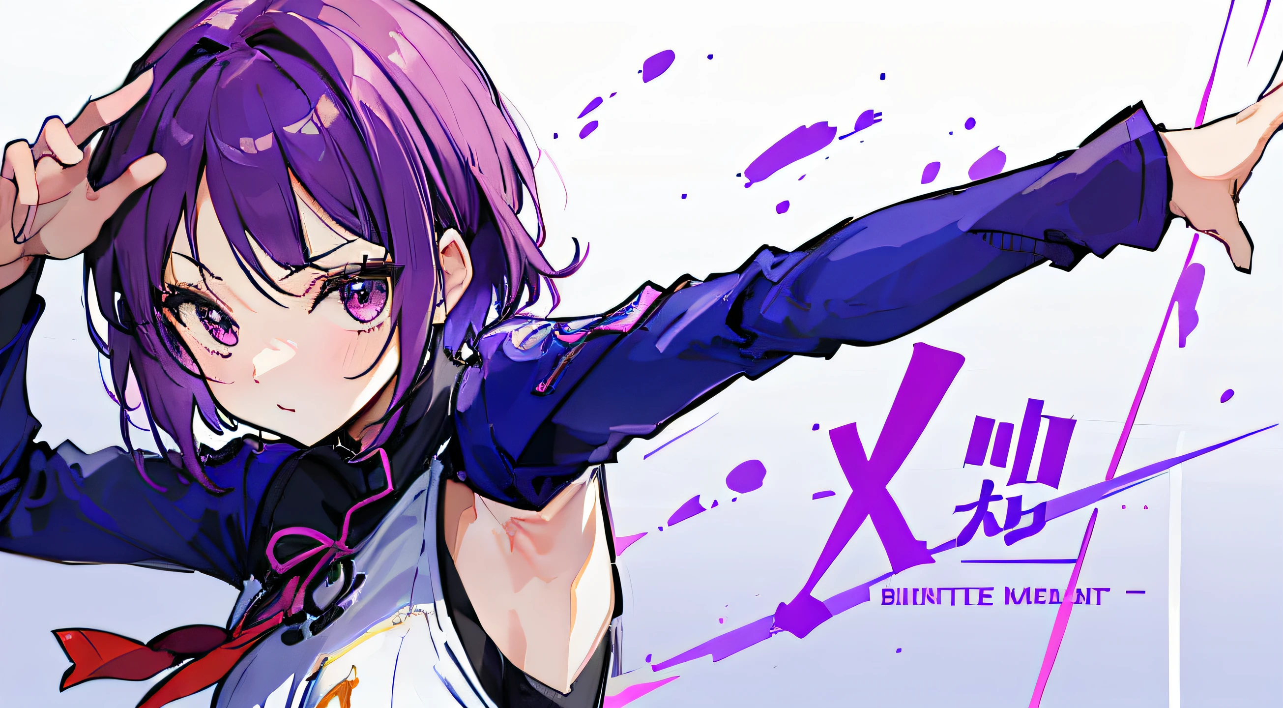 ((tmasterpiece,4k wallpaper,best qualtiy))、((girl with1a person))、(独奏)、Brilliant,(Purple hair)、short-cut、25-years old、Click here for the line of sight,