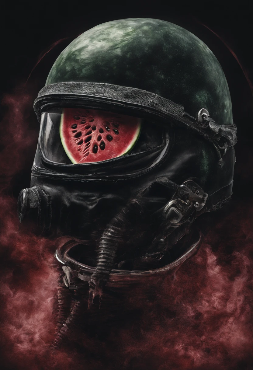Slice of watermelon, watermelon, potrait of natural highest quality, 5 year old holding broken teddy bear, ripped space costume, astrounout helmet, smoke around, interstellat, realistic, hyper realism, ultra detailed,